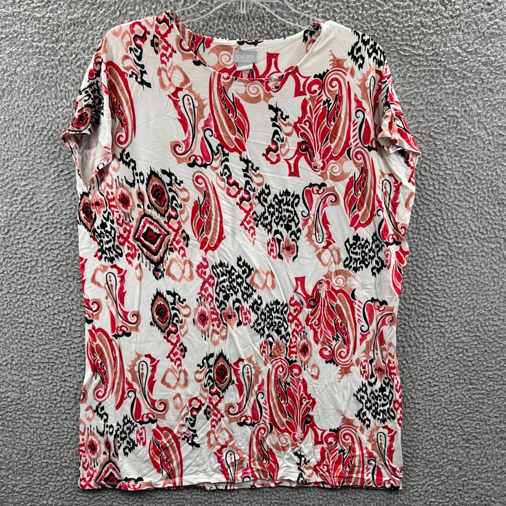 Chicos Womens Boho Knit Top‎ L Abstract Paisley Artsy Relaxed Stretch Casual